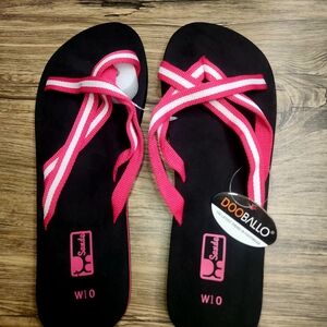 Sande Dooballo Flip Flop Sandals w/black Footbeds Hot Pink/Wht Straps Wom Sz 10